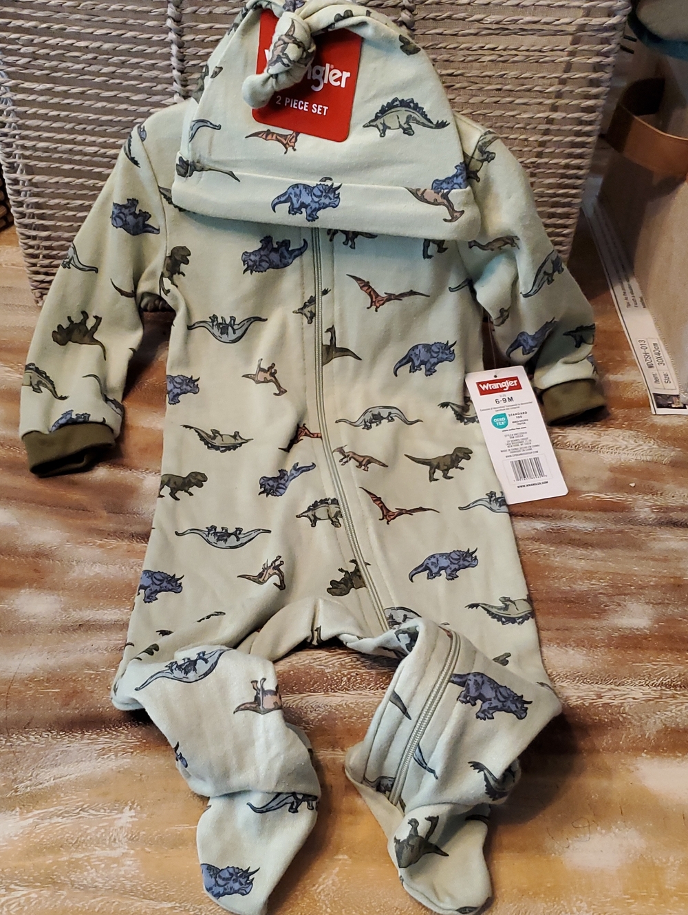 Wrangler Sage Green Dinosaur Footed One-Piece w/matching Hat